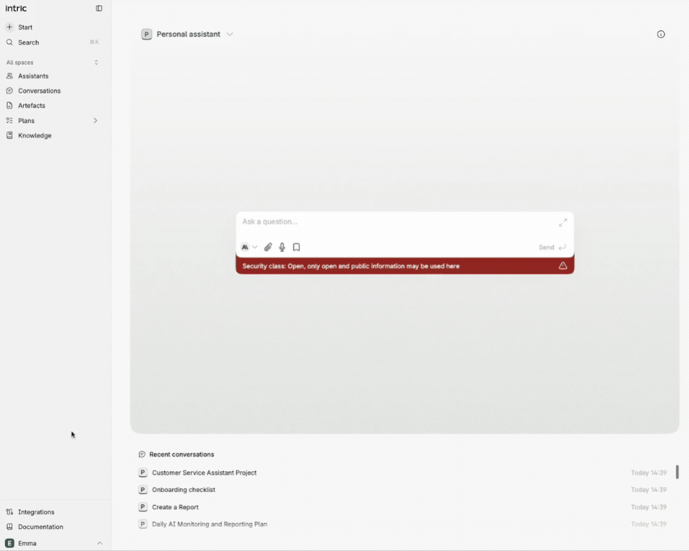 The Intric start view with the personal assistant, the chat field carrying its security classification label, and recent conversations listed below