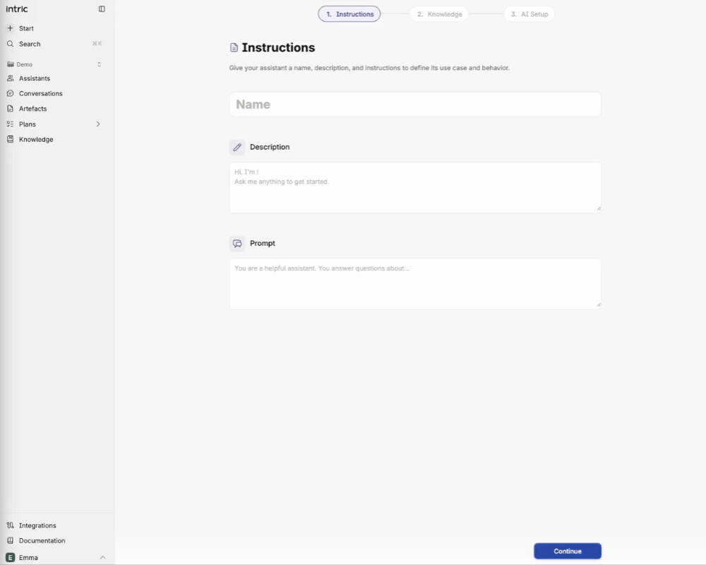 The Instructions step of the assistant wizard, with fields for name, Description and Prompt