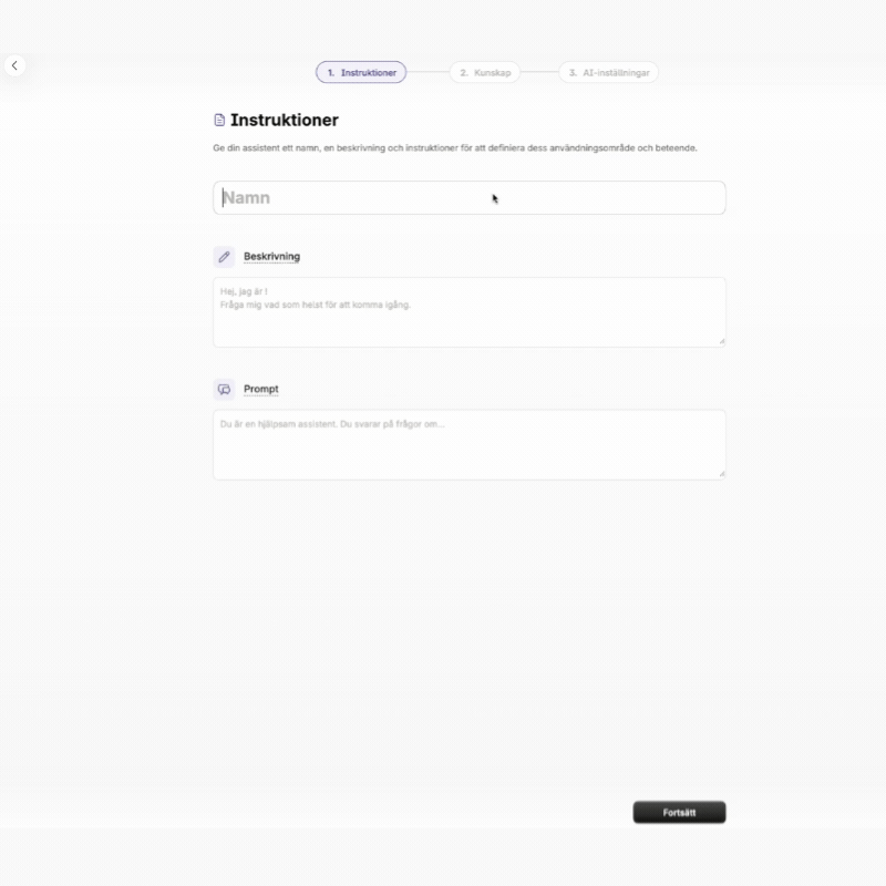 Steget Instruktioner i assistentguiden med fälten för namn, Beskrivning och Prompt