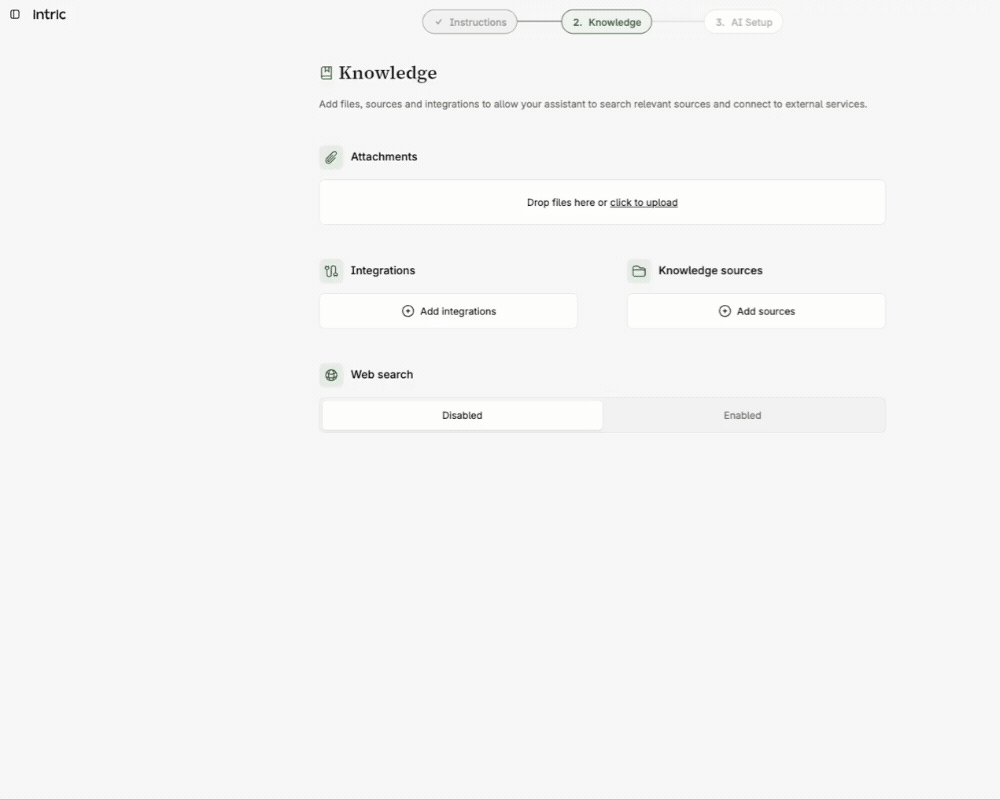 The Knowledge step of the assistant wizard with Attachments, Integrations, Knowledge sources and Web search