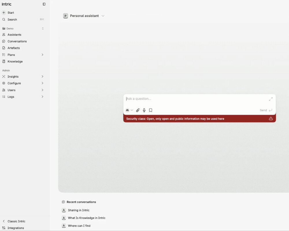 The Advanced tab on an assistant, with publishing, insights, data retention policy and creating a chat widget