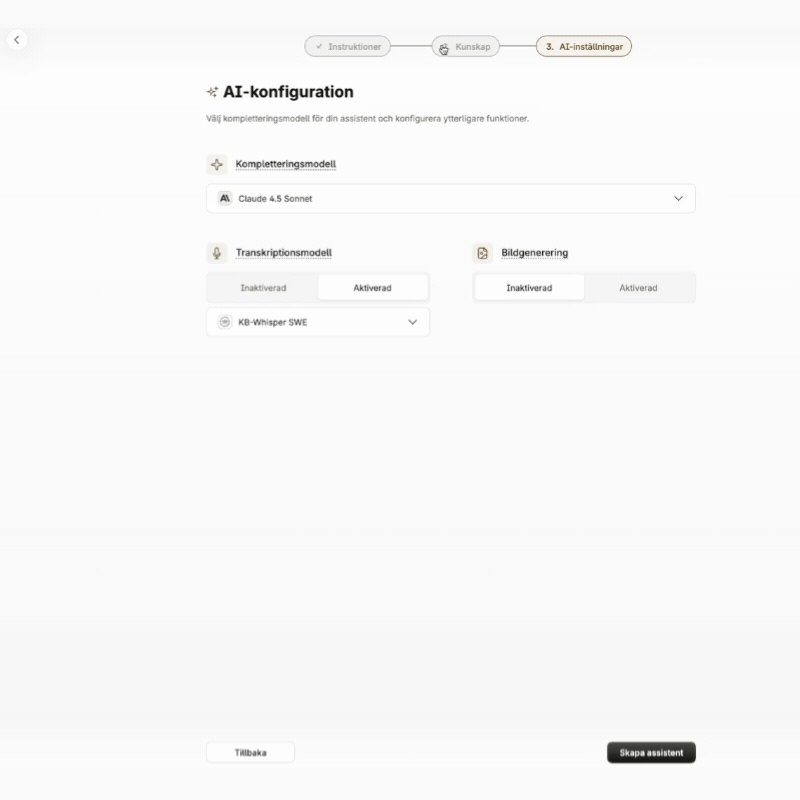 Steget AI-konfiguration i assistentguiden där du väljer kompletteringsmodell och slår på transkribering och bildgenerering