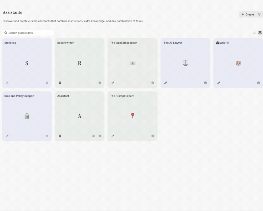 An assistant creating a document and an interactive visualisation in the chat, which can then be edited and saved as PDF or DOCX