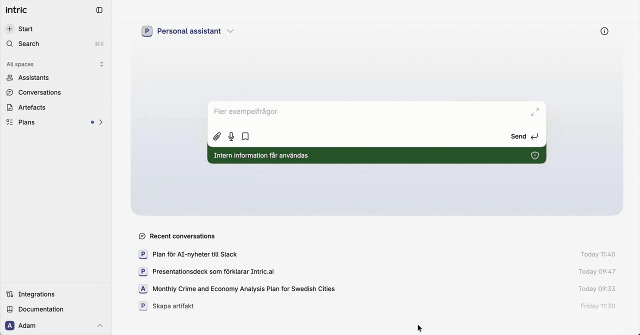 Vista assistenti, space e impostazioni assistente in Intric v4