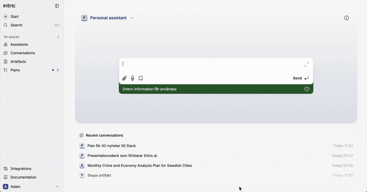 Integrazioni e Documentazione nel menu di navigazione di Intric v4