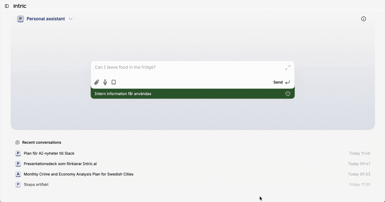 Assistente personale e schermata iniziale in Intric v4